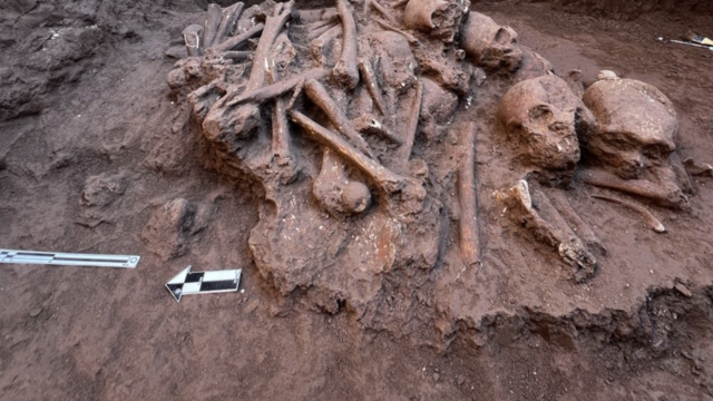 Trove of ancient skulls and bones found stacked on top of each other during construction project in Mexico