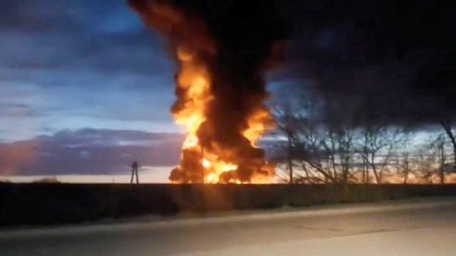 Massive fire seen as Ukraine hits Russian oil depots with a drone strike