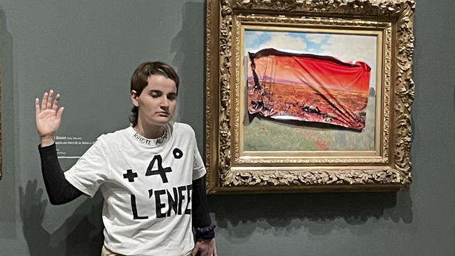 Environmental activist sticks protest poster to famous Monet painting in Paris